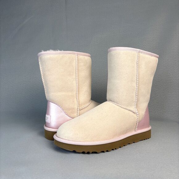 New Womens 7 UGG Boots Classic Short Metallic Seashell Light Pink Suede Coquette - Picture 1 of 16